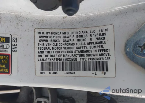 2011 Honda Civic Lx z USA, uszkodzony, nr VIN 19XFA1F58BE023200